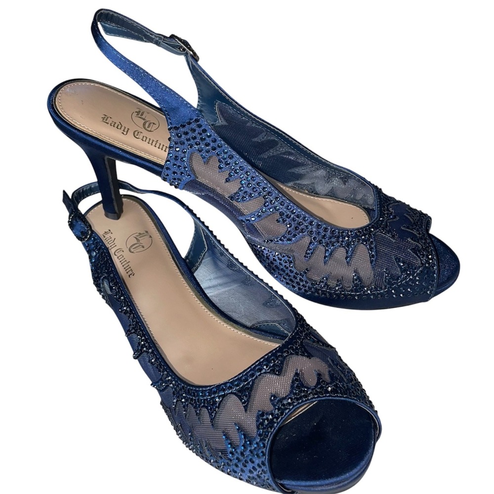 Lady Couture Navy Blue Satin Rhinestone Mesh Slingback Peep Toe Heels Size 41